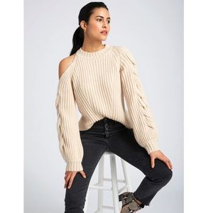 525 America Braided Sleeve Cold Shoulder Sweater